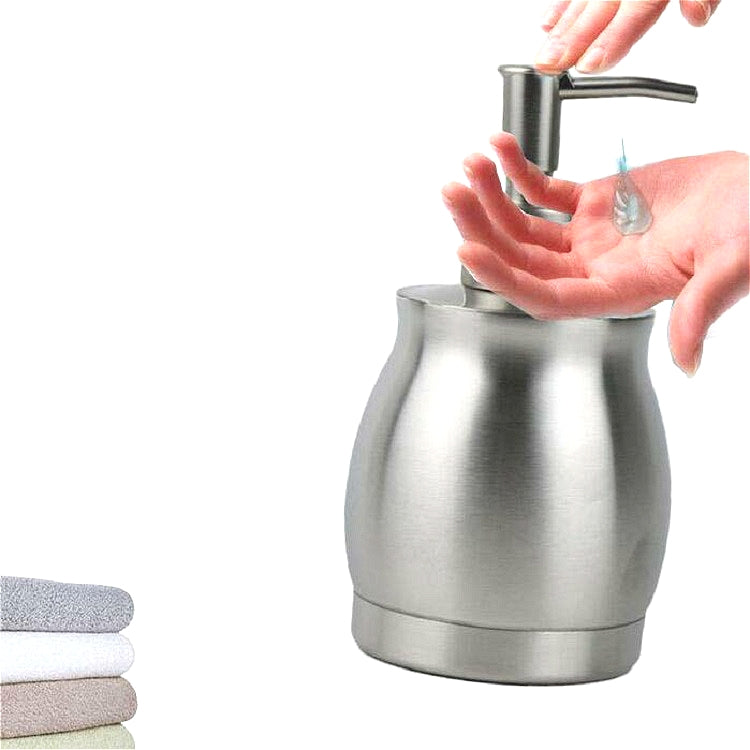 Stainless steel lotion dispenser bottle with pump handle, shown being pressed by hand