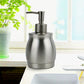Stainless steel soap dispenser bottle with black pump and rounded tank design, 390 ml