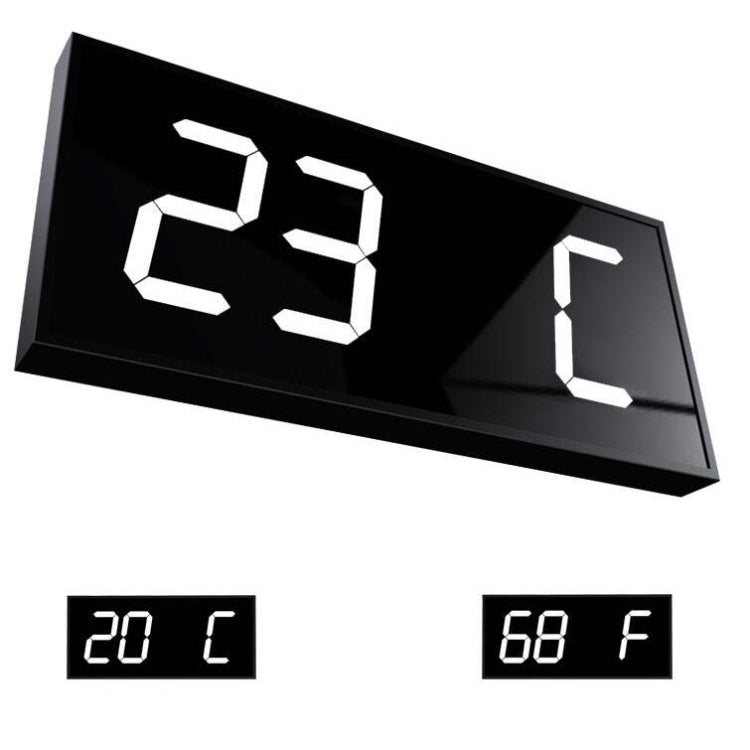 LED digital wall clock with white segmented time display 23:01 and temperature 20°C/68°F