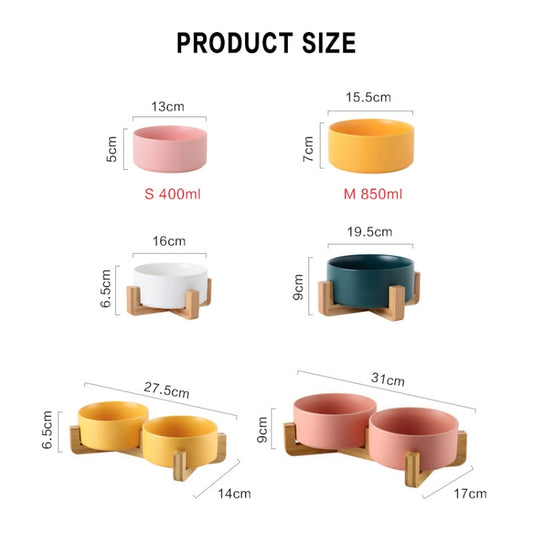 Pet bowl size chart with dimensions for 400ml and 850ml single and double bowls