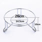 Chrome pot steamer stand with round top tray, three leg supports, and size guide