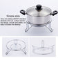 Stainless steel pot steamer on chrome stand with black knob lid and side handles