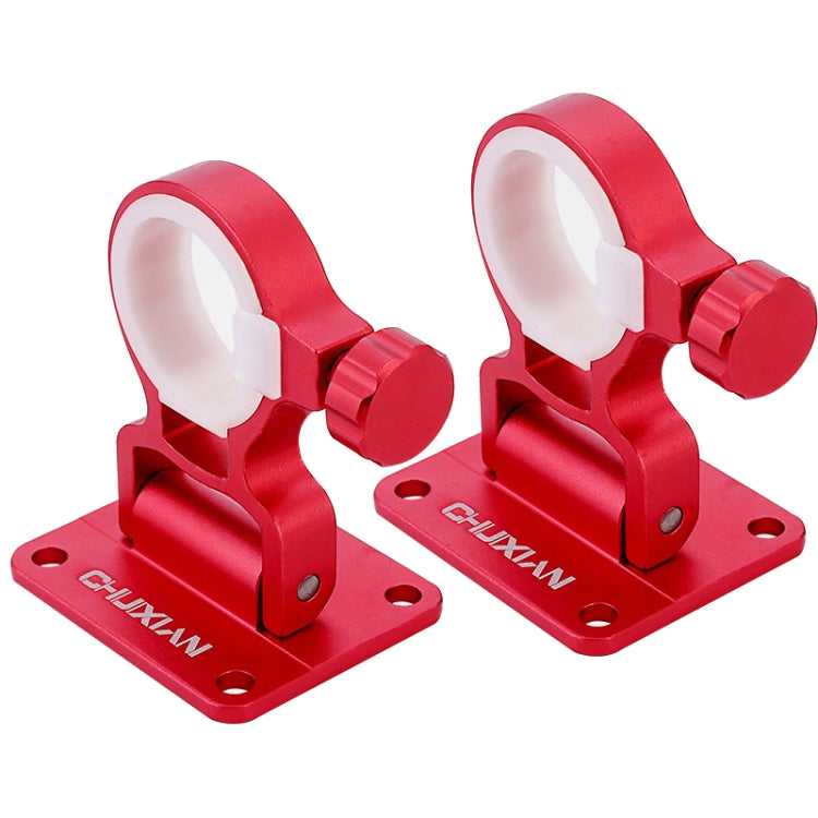 Red split umbrella stand pair with circular holders on base plates and mounting holes