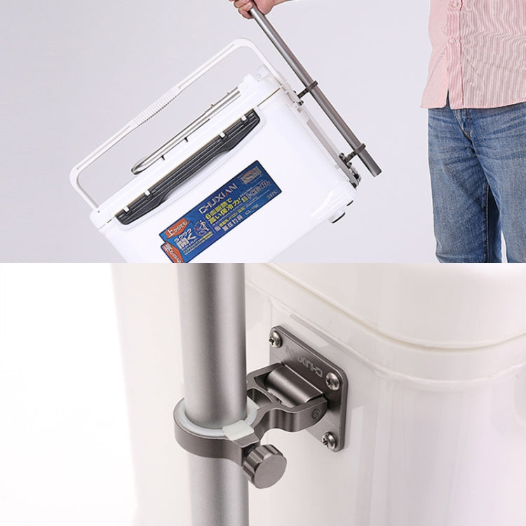 Gray umbrella stand clamp mounted to a cooler lid with strap and mounting hardware
