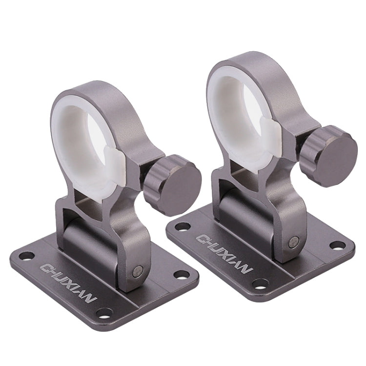 Gray split umbrella stand pair with circular holders on square base plates, mounting holes