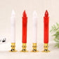 Set of LED pillar candles: red and white with glowing tips and gold bases.