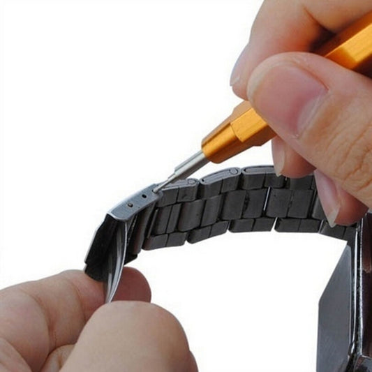 Watch strap repair tool removing link pins with metal tip and orange handle