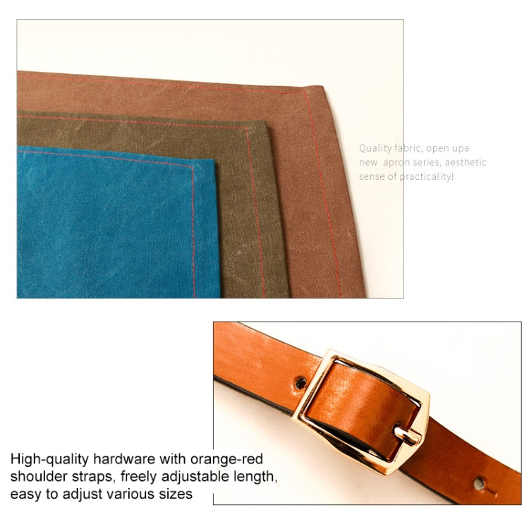 Denim apron corner and hardware view with brown fabric trim and orange-red stitching