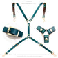 Denim apron strap hardware set with teal webbing, buckles, and rings