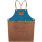 Two-tone denim apron with blue bib, brown body, front pocket, and adjustable leather straps