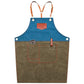 Two-tone denim apron with blue top and brown body, front pocket, adjustable leather straps