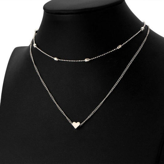 Silver multi-layer heart clavicle necklace with small round bead links