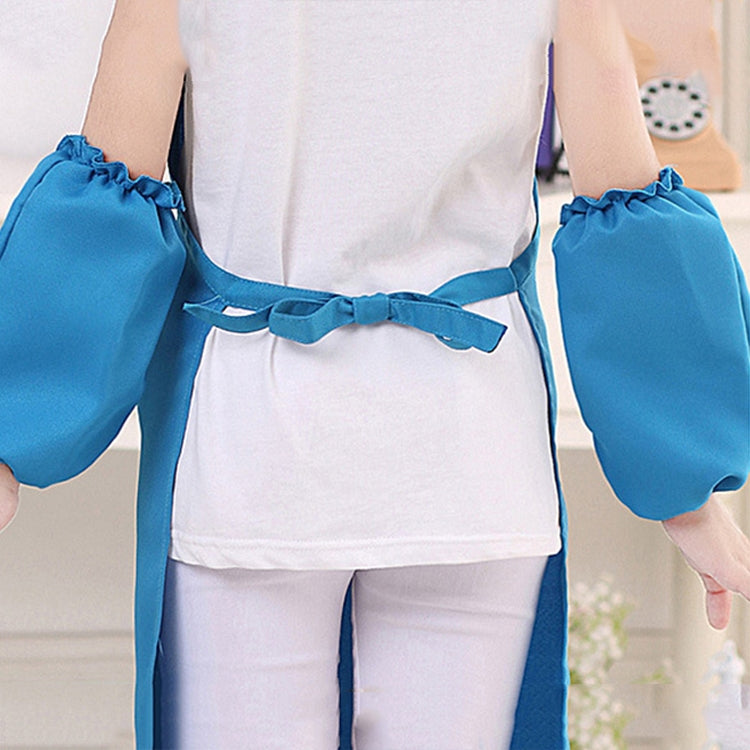 Kids painting apron with blue drawstring sleeves and waist tie, front pocket