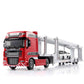 Front view red cab double-deck car transporter with white ramps and parked car