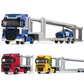 Blue, red, and yellow diecast double-deck car transporter trucks with cars on trailer