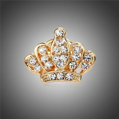 Gold mini crown-shaped brooch with clear rhinestones in round settings