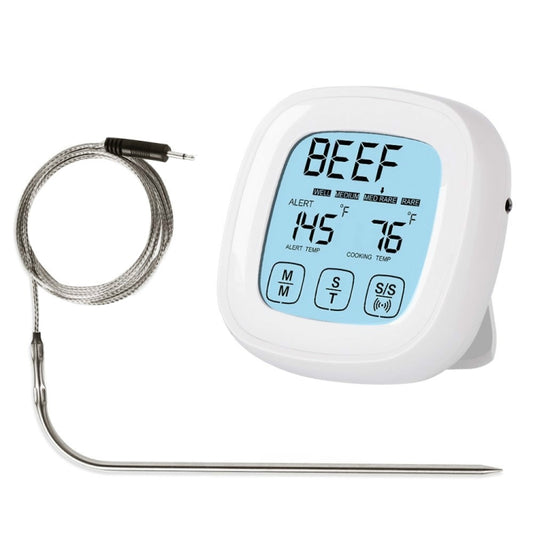 Electronic meat thermometer timer with probe and blue LCD screen