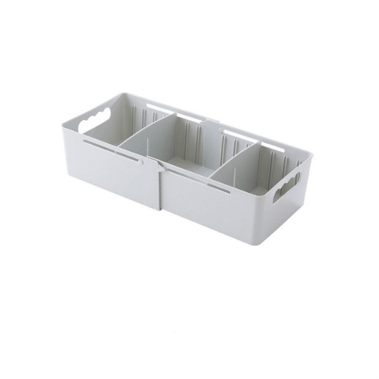 Gray retractable three-compartment sock storage box with side cutout handles