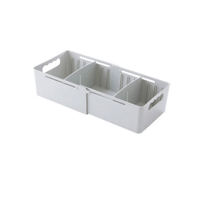 Gray retractable three-compartment sock storage box with side cutout handles
