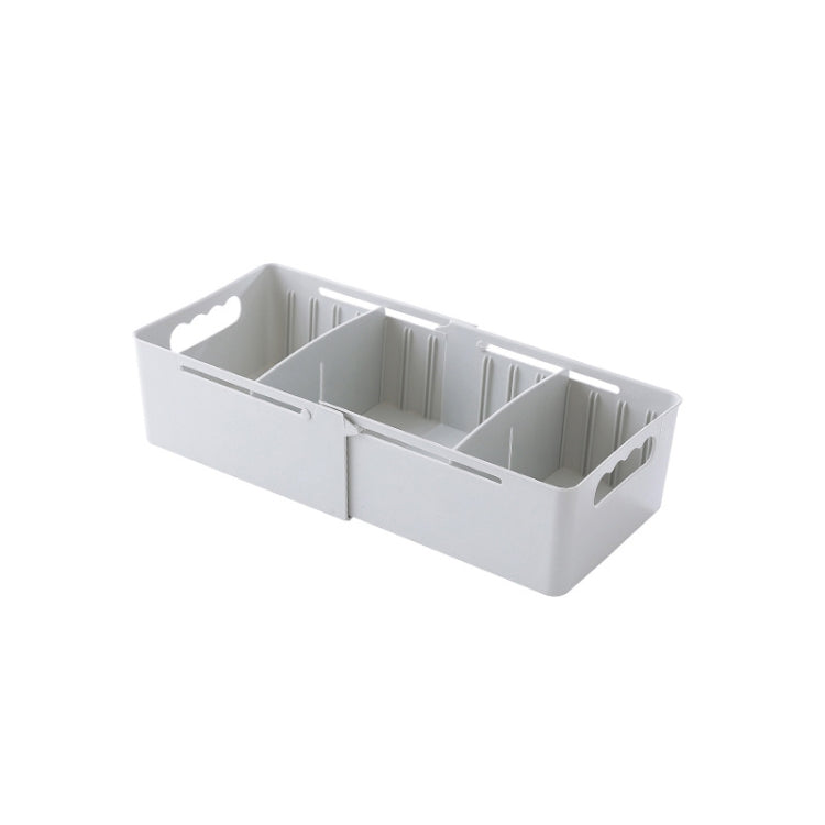 White/gray retractable three-compartment sock storage box with adjustable dividers