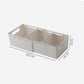 Rectangular sock storage box with three compartments; dimensions shown on image