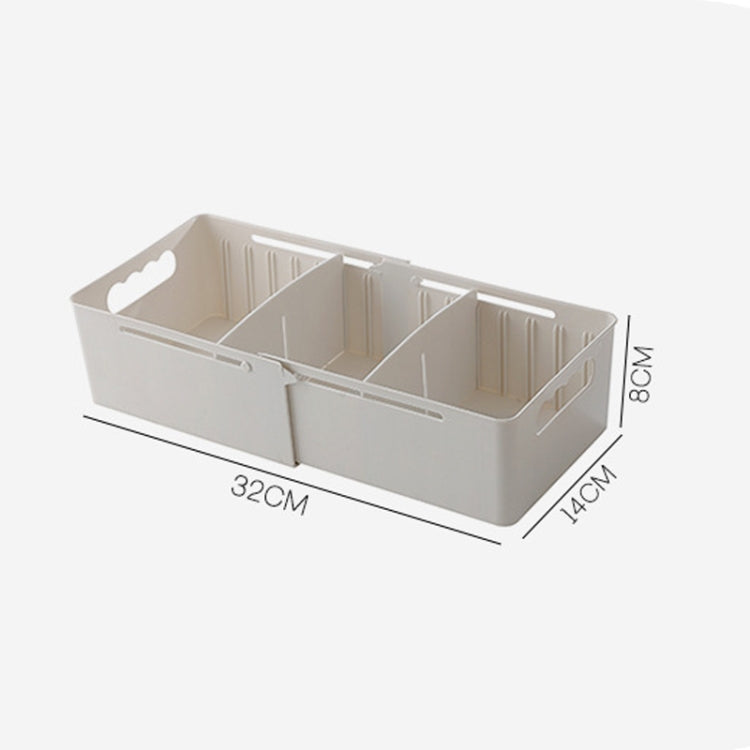 Rectangular sock storage box with three compartments; dimensions shown on image
