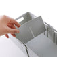 Gray sock storage box with three compartments and fold-up divider panel