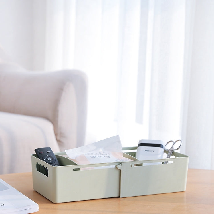 Light green two-compartment storage box with cutout handle icons