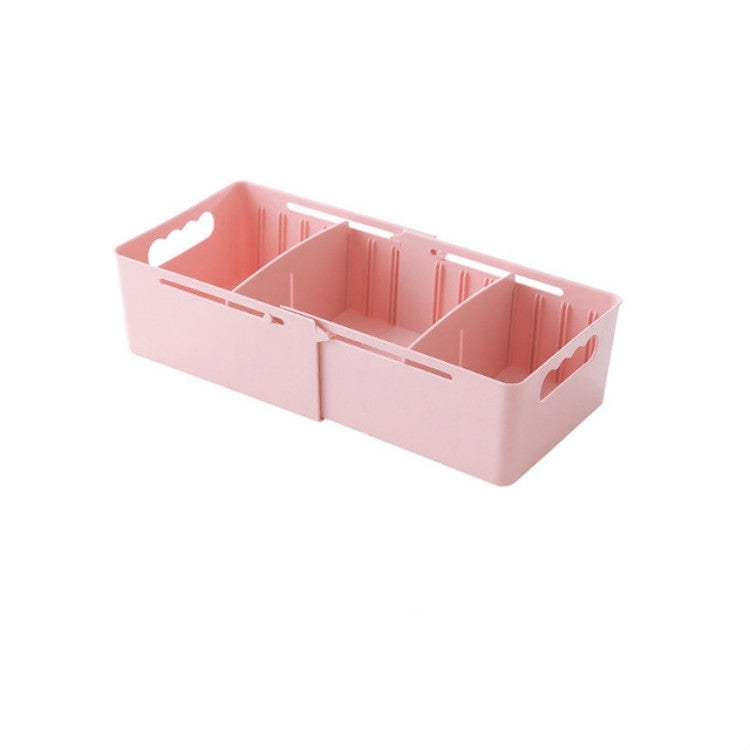 Pink retractable three-compartment sock storage box with side cutout handles