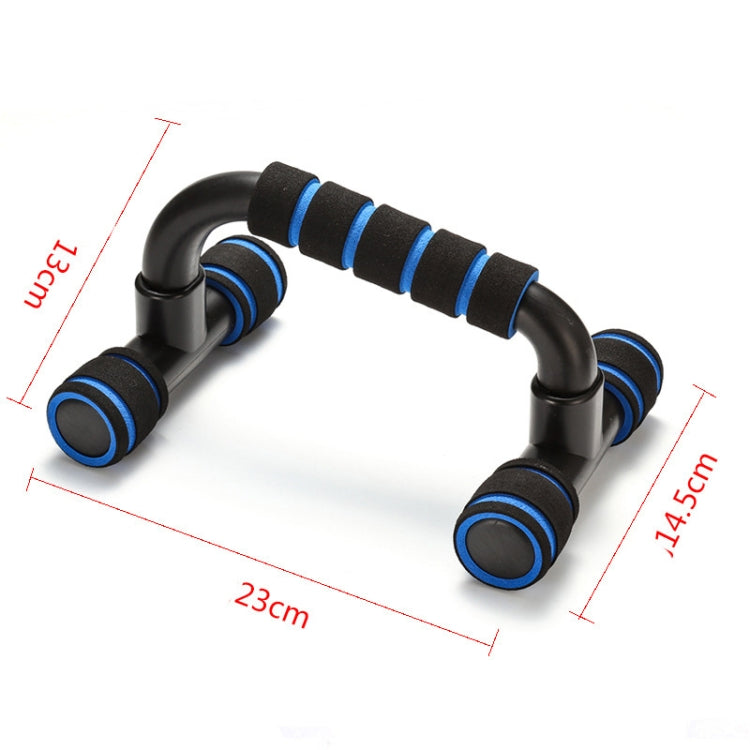 H-shaped push-up stand with blue-and-black foam grip pads and curved black support rails