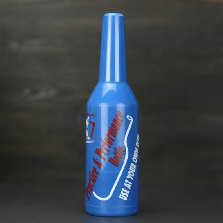 Blue plastic squeeze bottle with ribbed cap and printed bartending label.