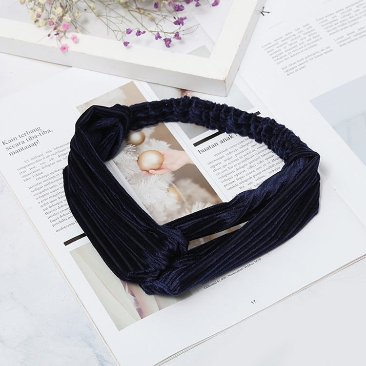 Dark navy velvet wide cross-knot headband with elastic hair band, twisted knot