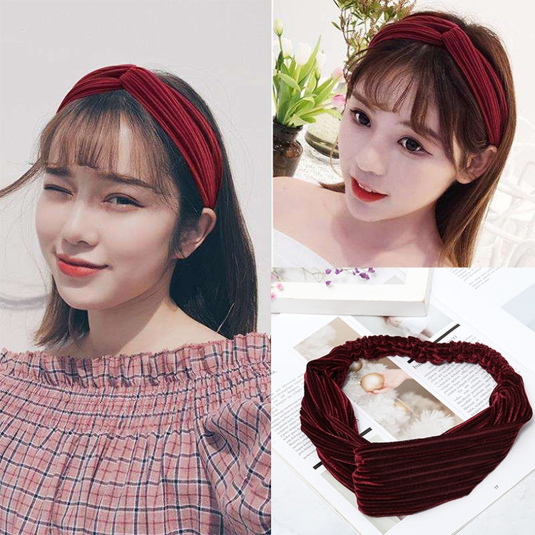 Burgundy velvet wide cross-knot headband with elastic, twisted knot style