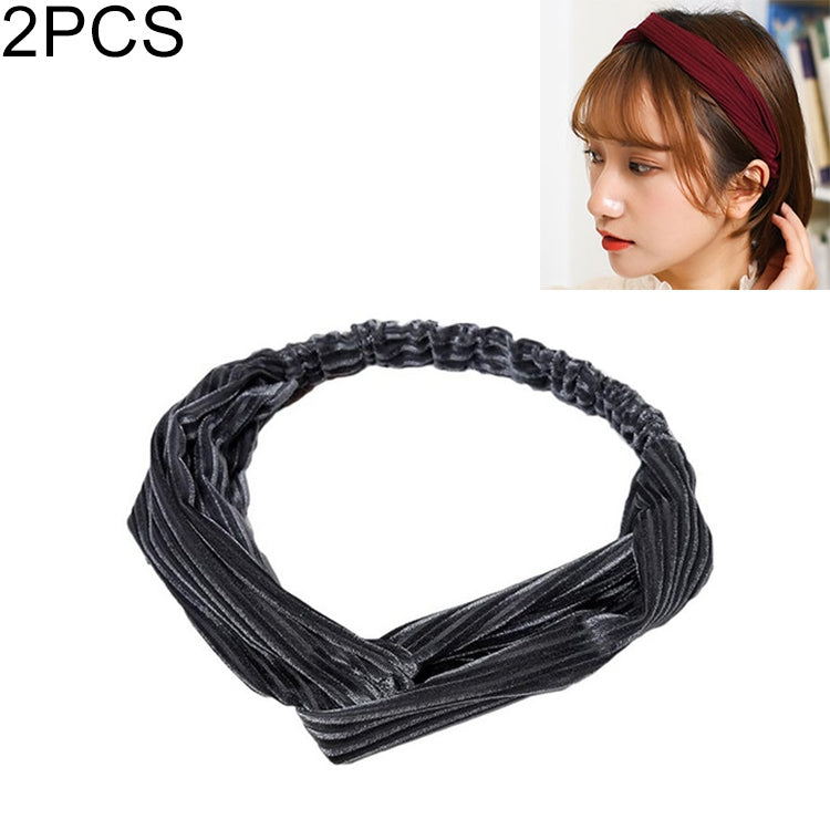 Charcoal gray velvet wide cross-knot headband with elastic, twisted crisscross