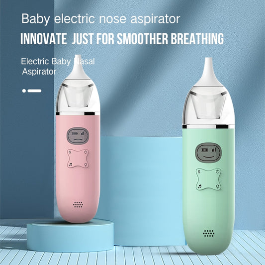 Two electric baby nasal aspirators: pink and mint green, each with clear suction cup