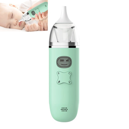 Light green electric baby nasal aspirator with clear suction cup and white nozzle
