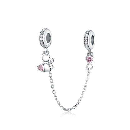 S925 silver cat charm safety chain bracelet with pink round CZ accents