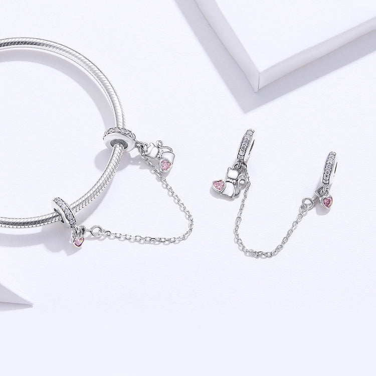 S925 silver cat charm safety chain bracelet with pink CZ hearts and clasp