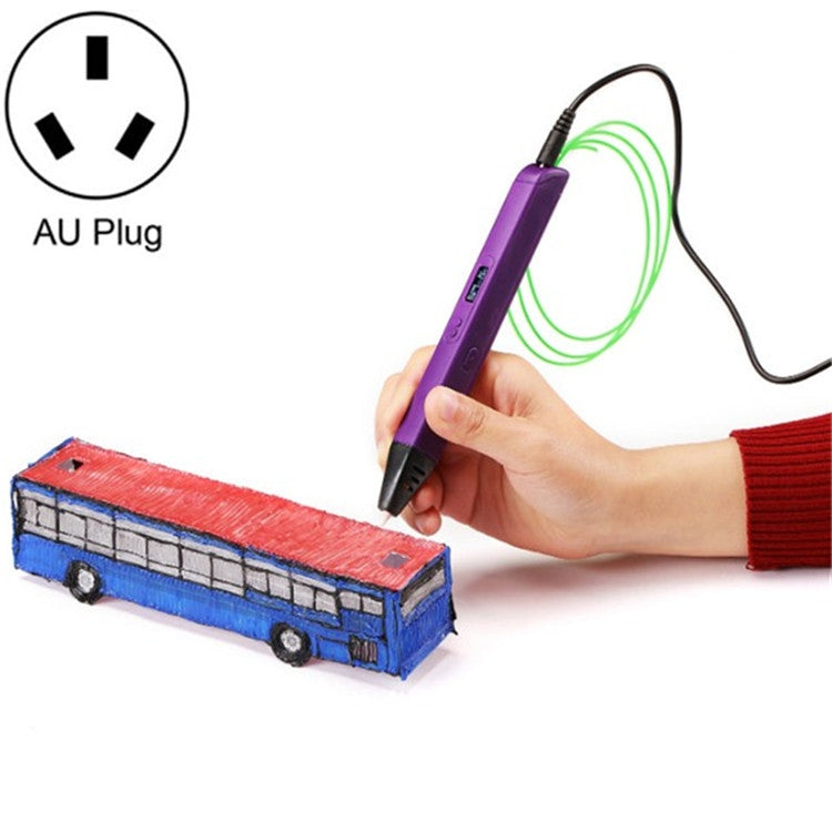Purple 3D printing pen in hand with green filament, AU plug option.