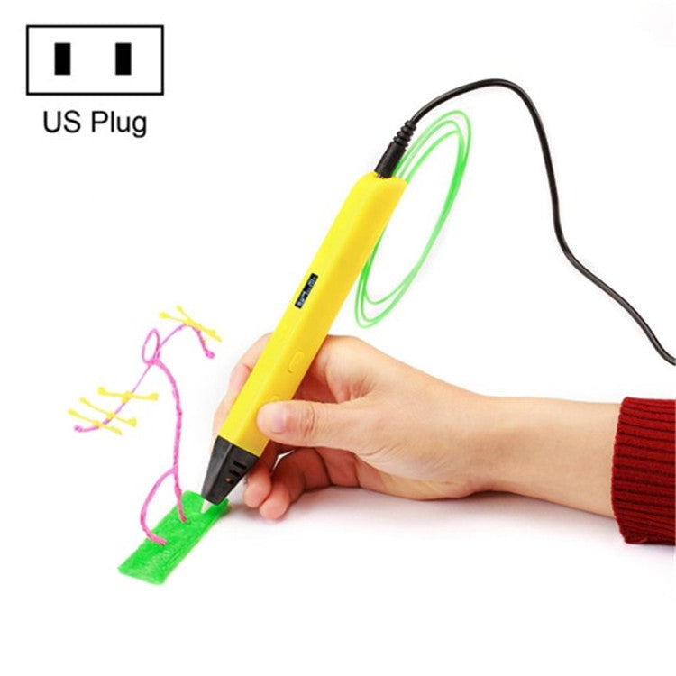 Yellow 3D printing pen with US plug, hand using the tip to draw multicolor lines