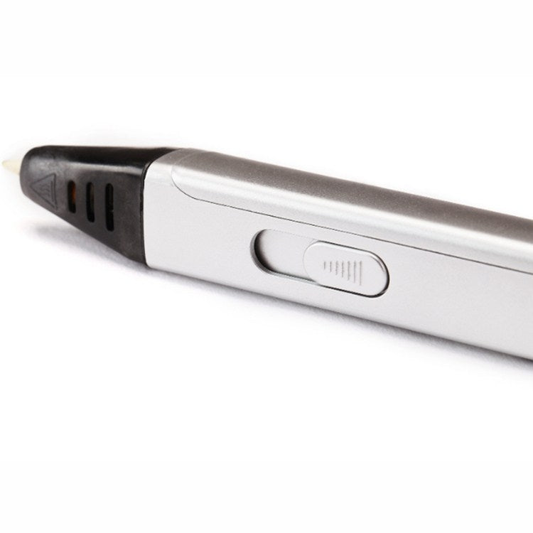 Silver 3D printing pen with black nozzle and finger slot on the handle