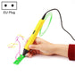 Yellow 3D printing pen with EU plug, hand using the tip to draw green and pink lines