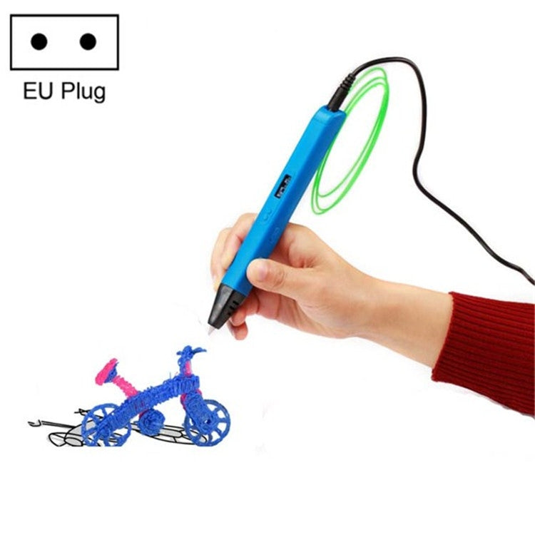 Blue 3D printing pen in hand with green filament, EU plug option.