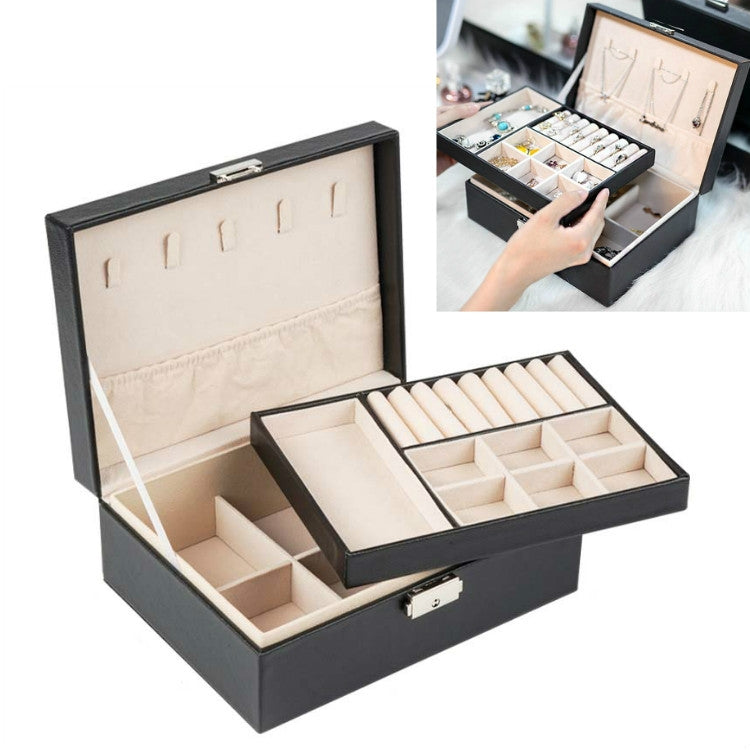 Black double-layer jewelry storage box open with trays and necklace hook panel