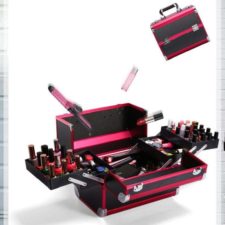 Open pink makeup and manicure toolbox with compartments, tools, and nail polish bottles