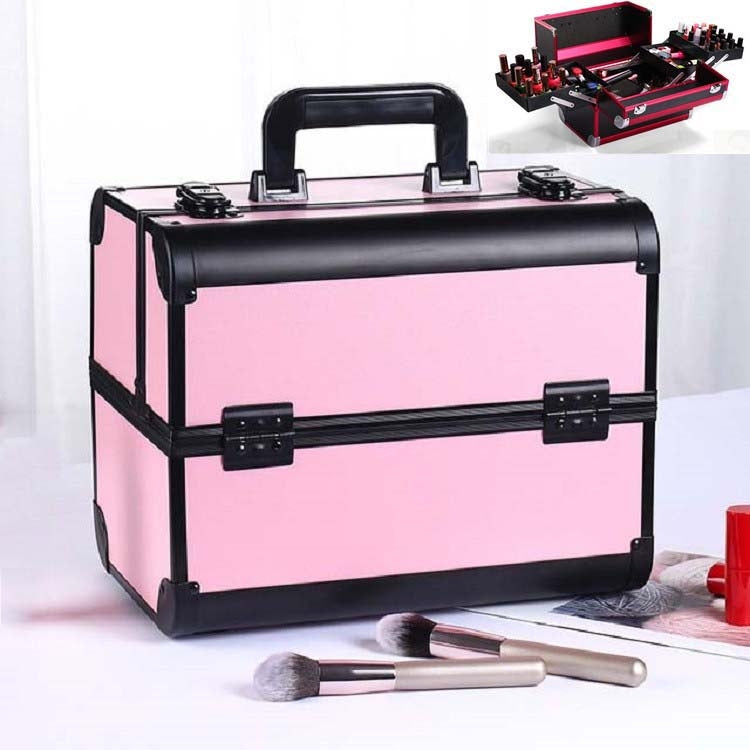 Black and pink makeup toolbox case with top handle and foam-lined front storage