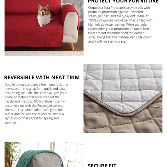 Reversible sofa cover with neat trim, shown in red with a small dog resting.