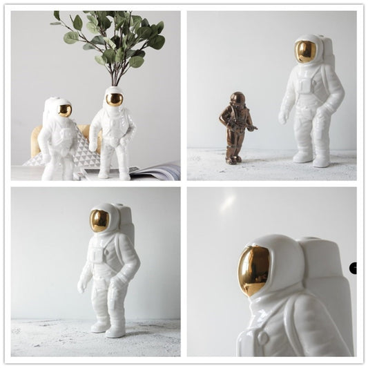 Set of astronaut ceramic vases in white, showing multiple angles and poses