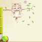 Cute cat wall sticker with twig branch, scattered green leaves, and purple butterfly