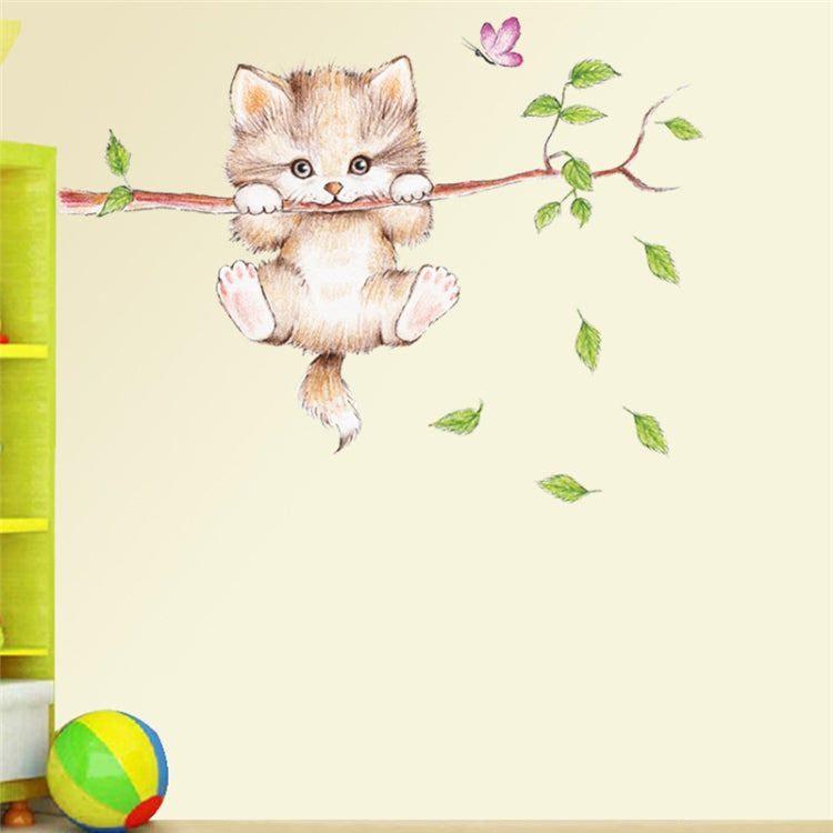 Cute cat wall sticker with twig branch, scattered green leaves, and purple butterfly